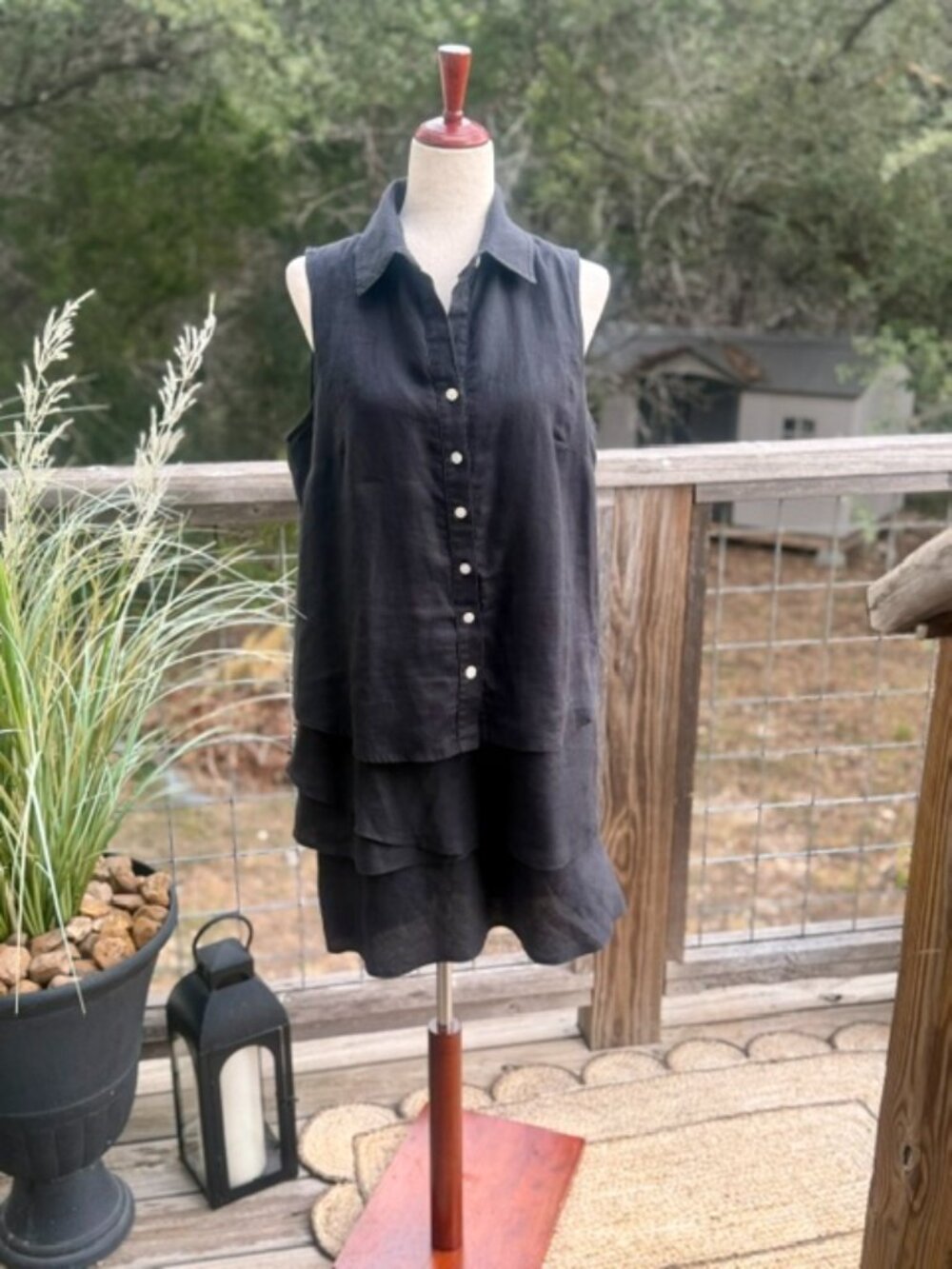 Finley 100% Linen Black Tiered Shirt Dress M Made Coastal Lagenlook
